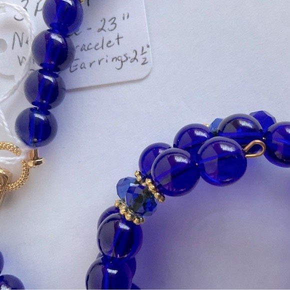 Hand Crafted Pendant Necklace Wrap Bracelet Pierced Earrings Royal Blue Beads - Picture 9 of 16